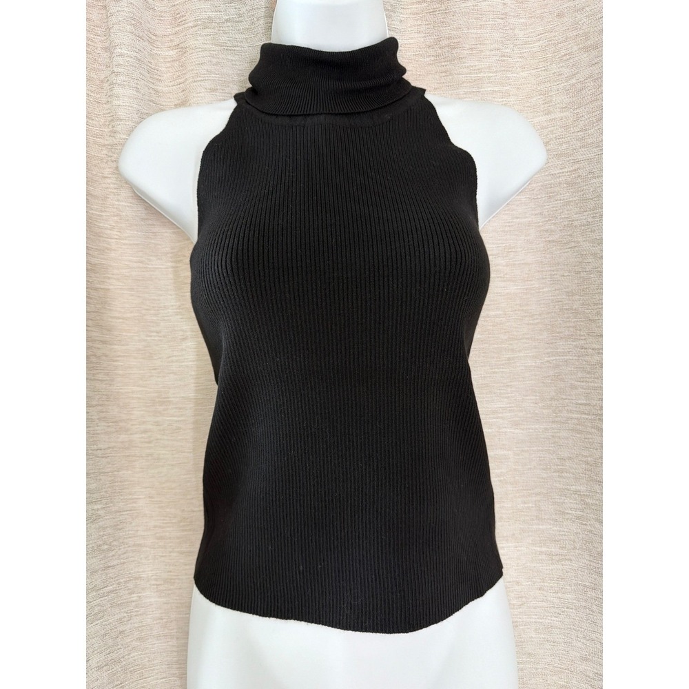 Lucy Paris Womens Black Ribbed Knit Turtleneck Sleeveless Tank Top medium NWT